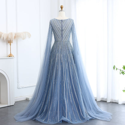 Luxury Gray Green Evening Dress with Cape Sleeves