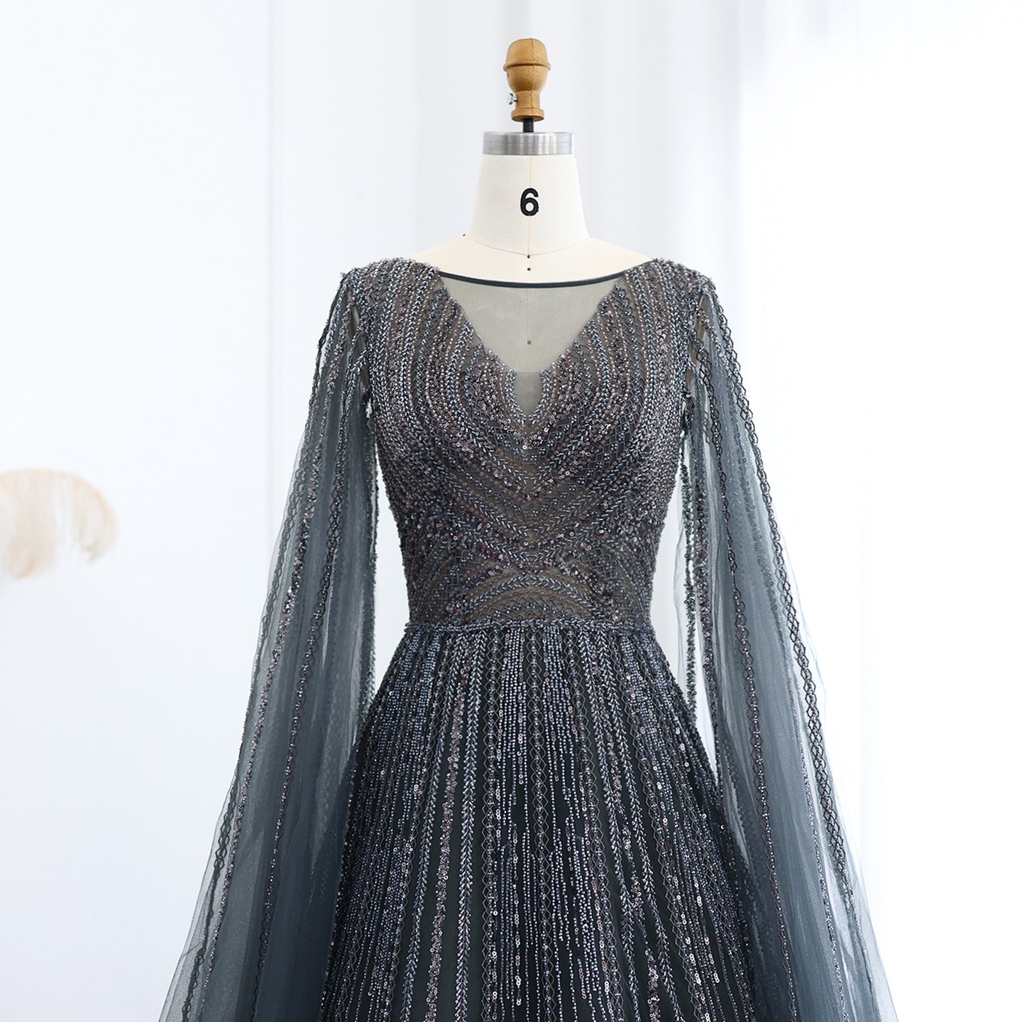 Luxury Gray Green Evening Dress with Cape Sleeves