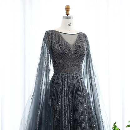 Luxury Gray Green Evening Dress with Cape Sleeves