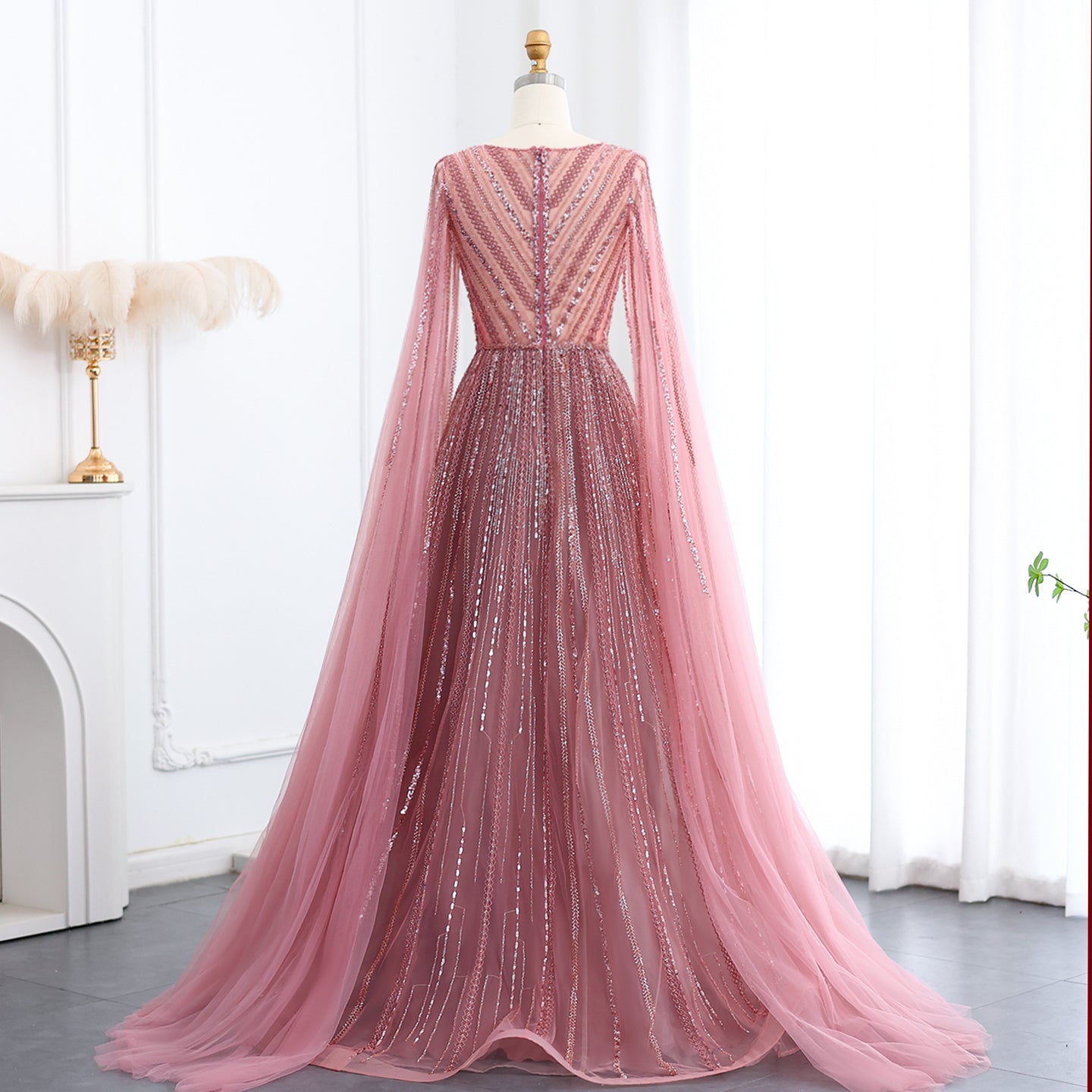 Luxury Gray Green Evening Dress with Cape Sleeves