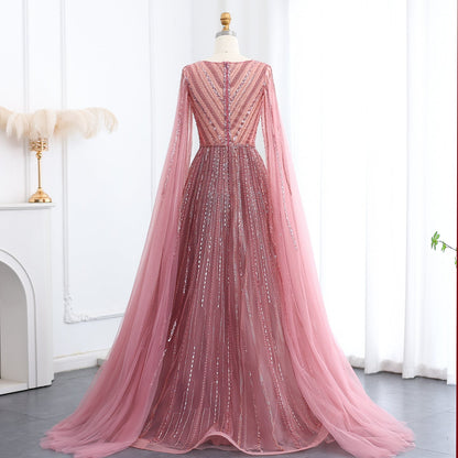 Luxury Gray Green Evening Dress with Cape Sleeves