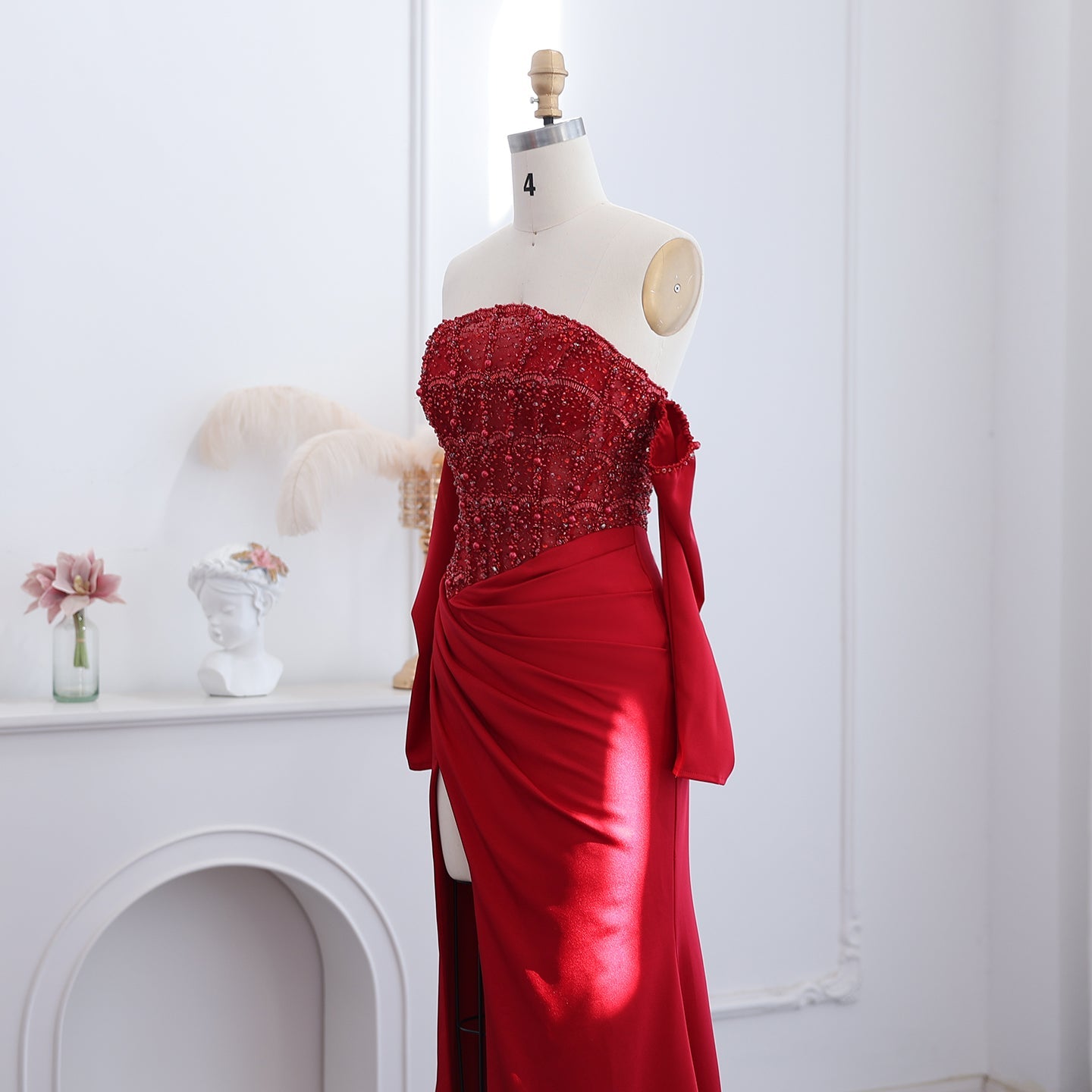 Luxury White Scalloped Evening Dress with High Slit