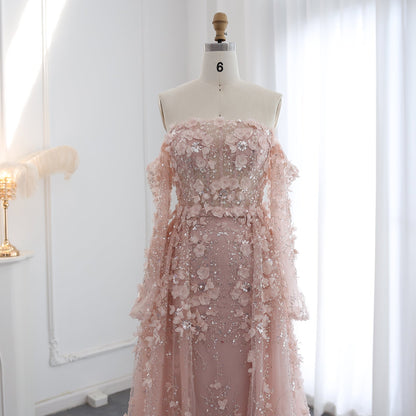 Elegant 3D Flowers Pink Evening Dress with Overskirt