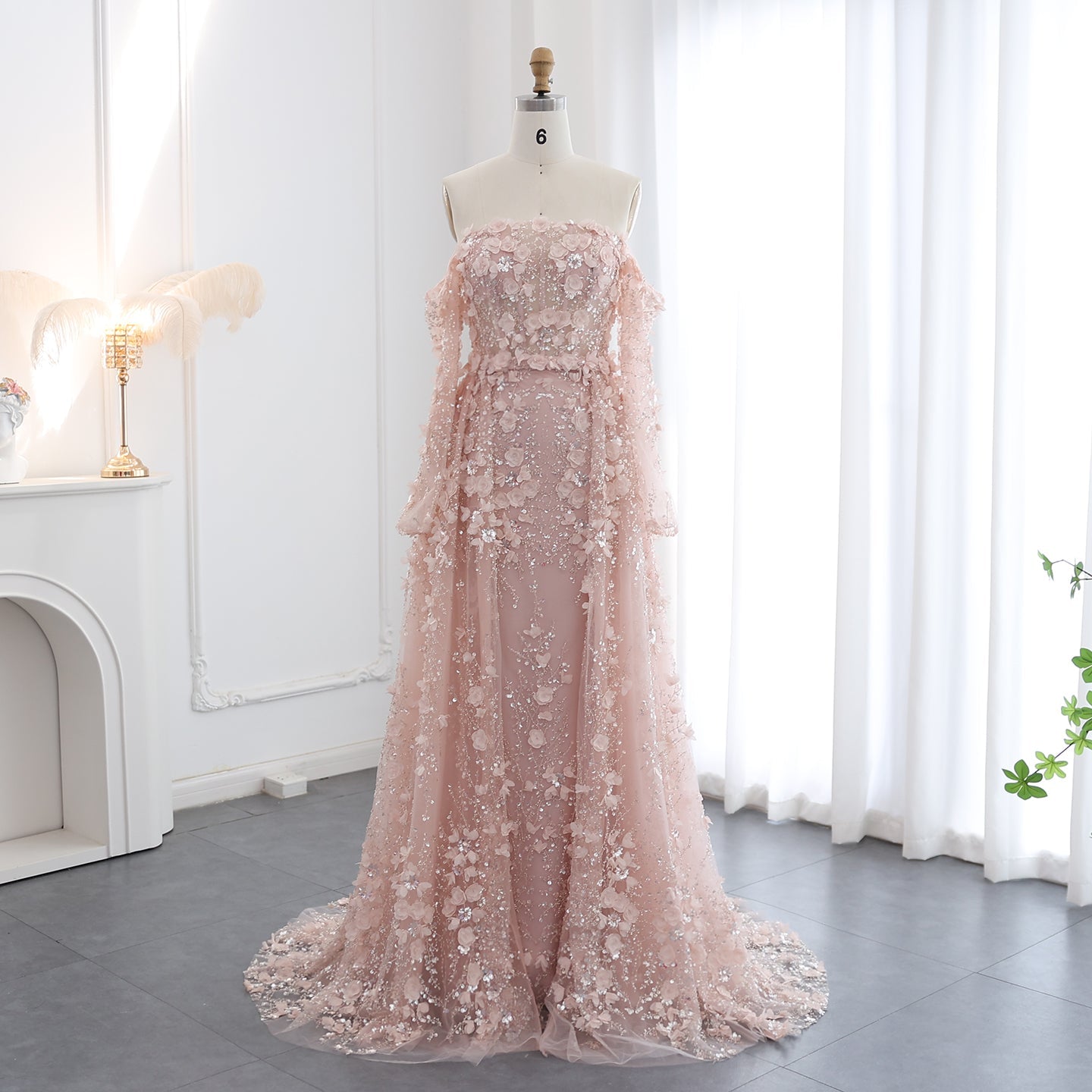 Elegant 3D Flowers Pink Evening Dress with Overskirt