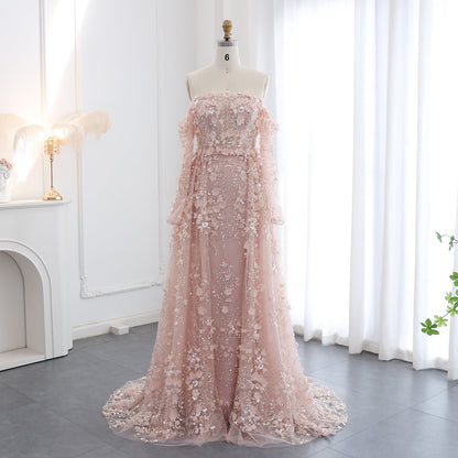 Elegant 3D Flowers Pink Evening Dress with Overskirt