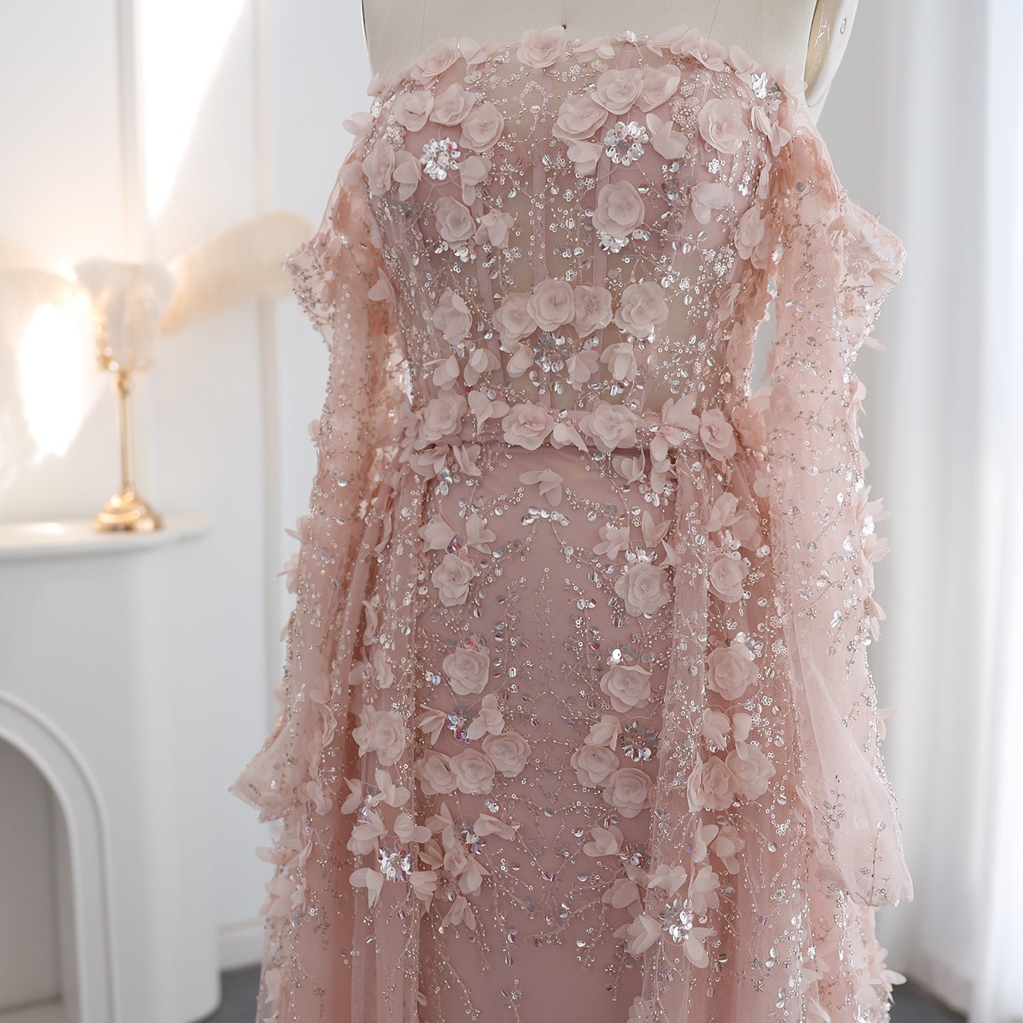 Elegant 3D Flowers Pink Evening Dress with Overskirt
