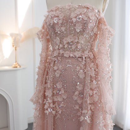 Elegant 3D Flowers Pink Evening Dress with Overskirt