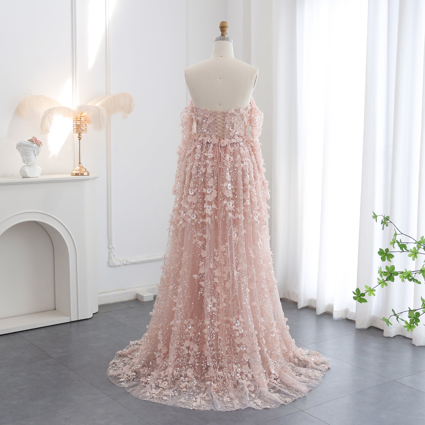 Elegant 3D Flowers Pink Evening Dress with Overskirt