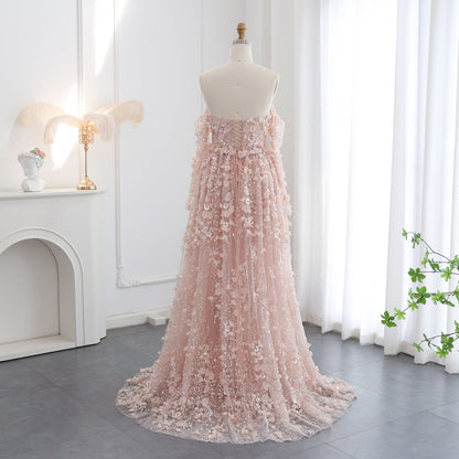 Elegant 3D Flowers Pink Evening Dress with Overskirt
