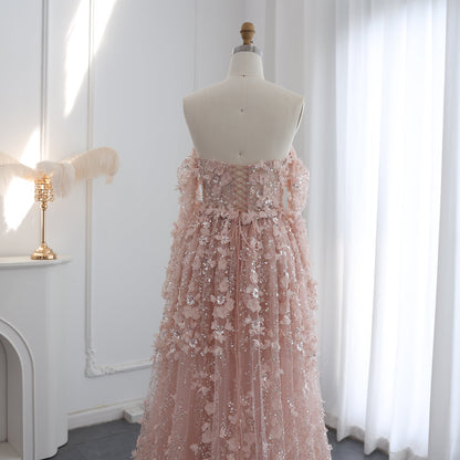 Elegant 3D Flowers Pink Evening Dress with Overskirt