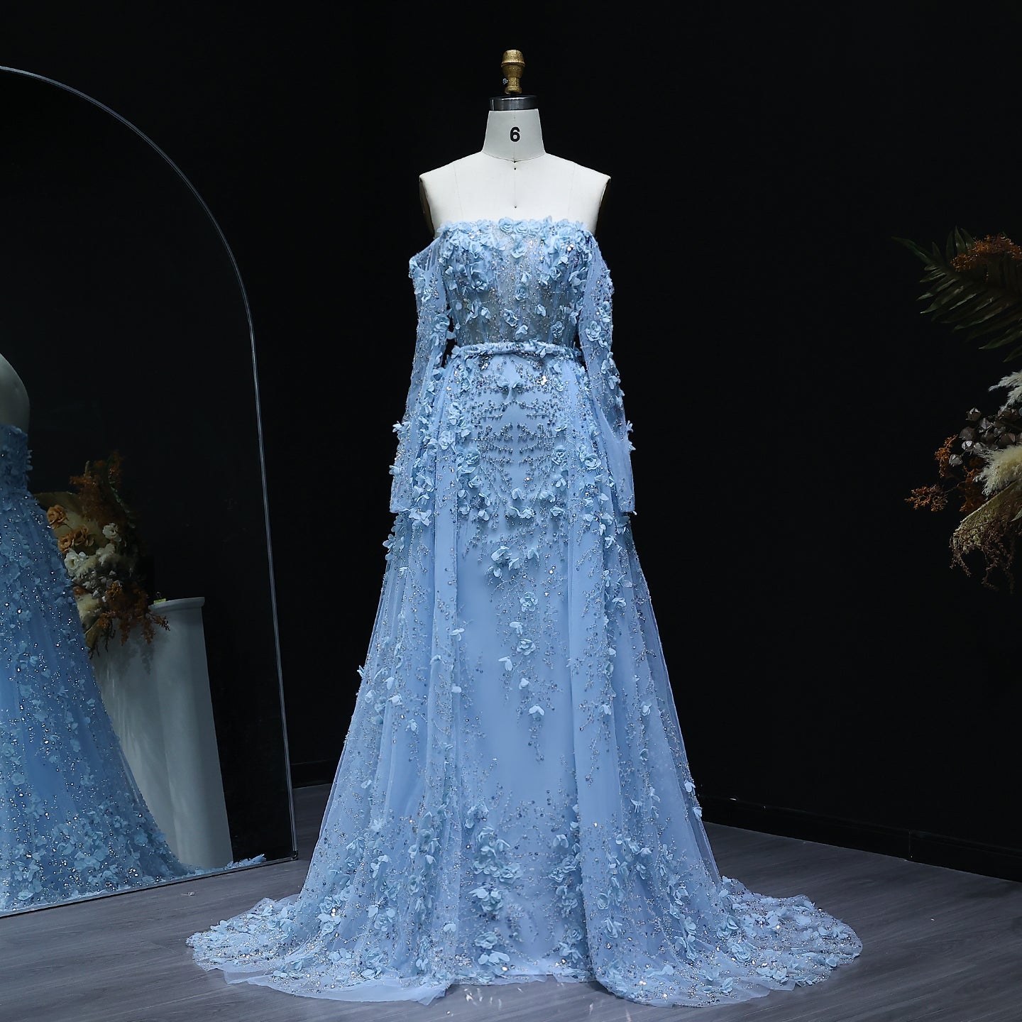Elegant 3D Flowers Pink Evening Dress with Overskirt