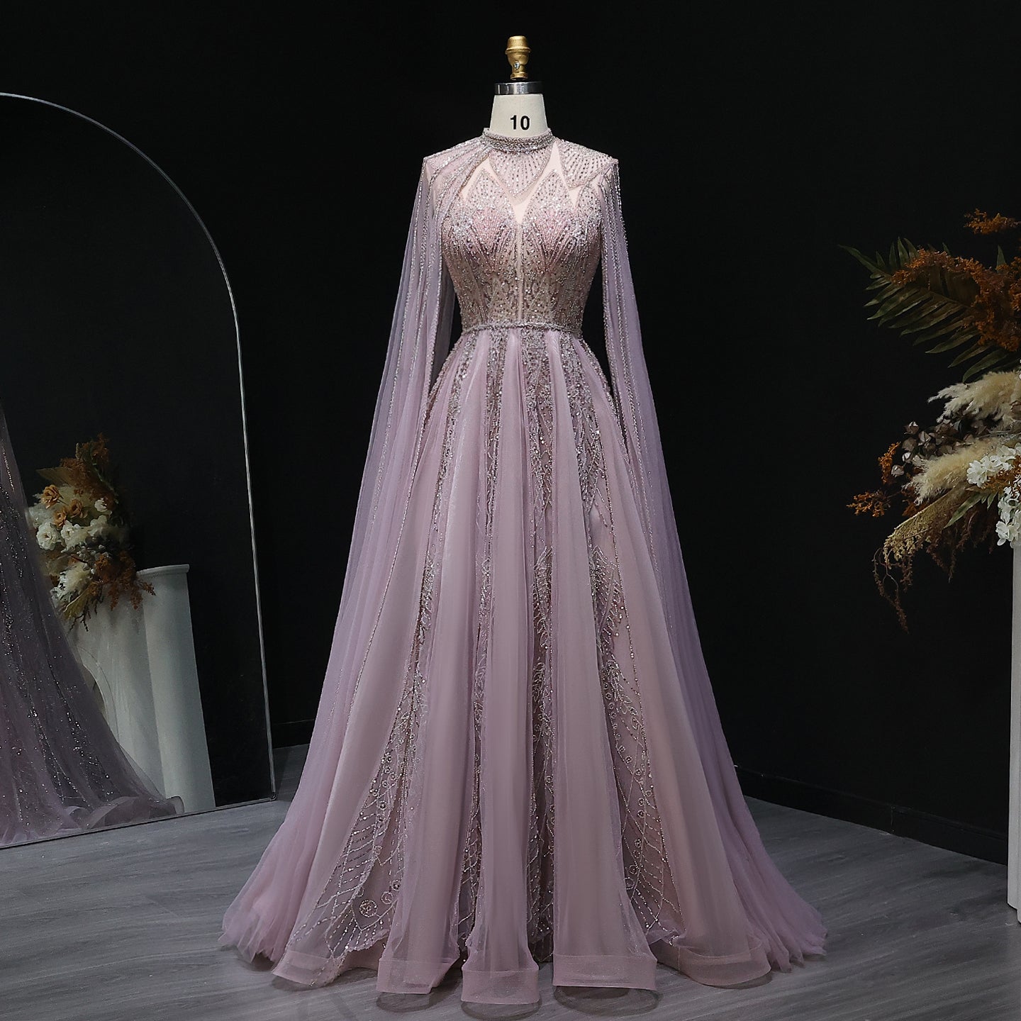 Luxury Pink Evening Dress with Cape Sleeves