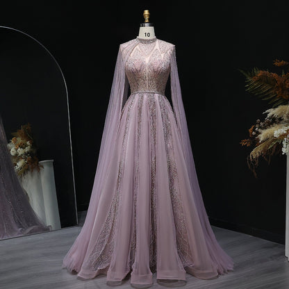 Luxury Pink Evening Dress with Cape Sleeves