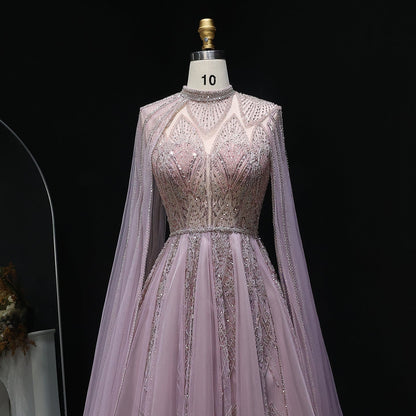 Luxury Pink Evening Dress with Cape Sleeves