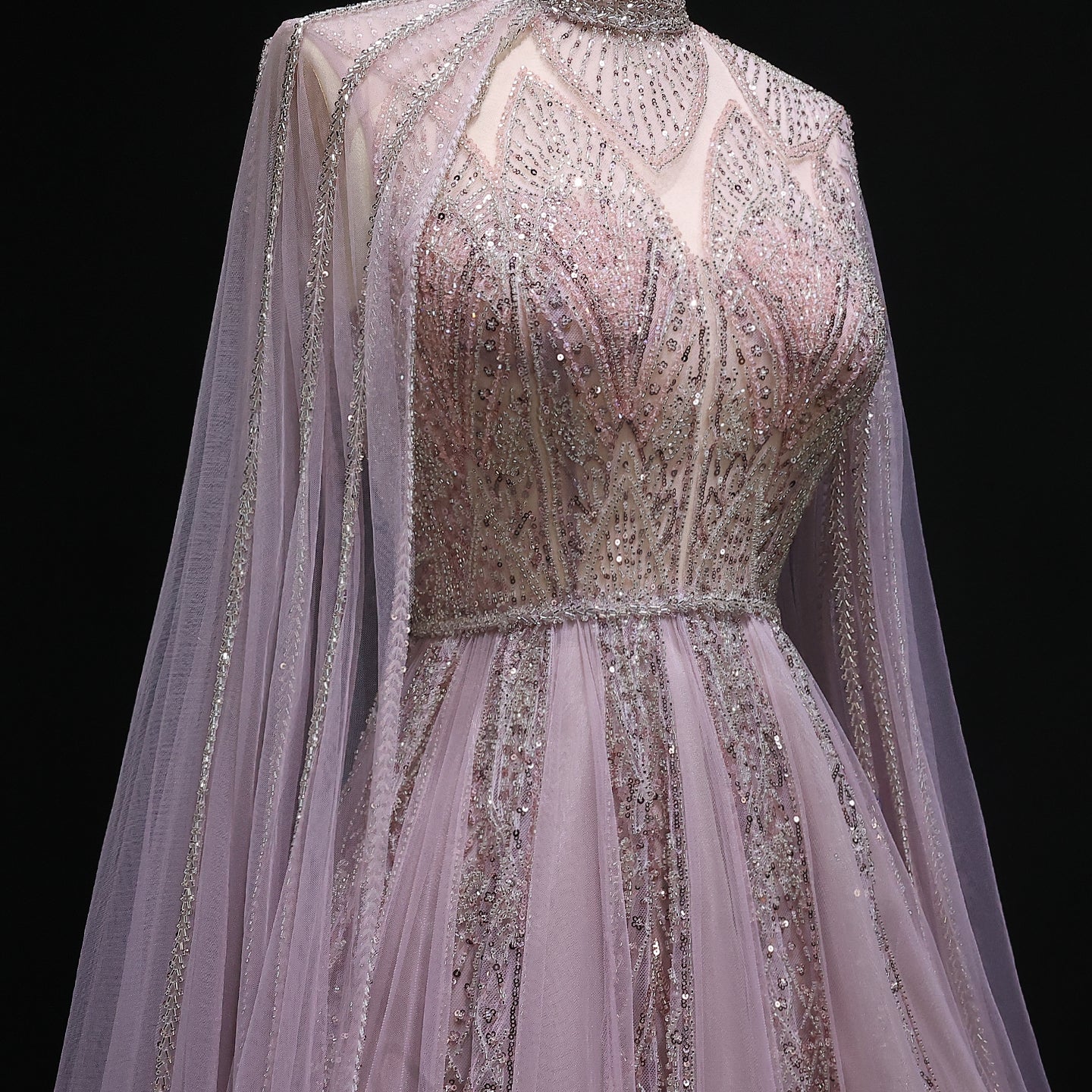 Luxury Pink Evening Dress with Cape Sleeves