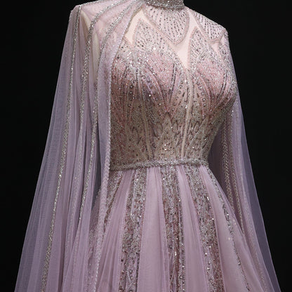 Luxury Pink Evening Dress with Cape Sleeves