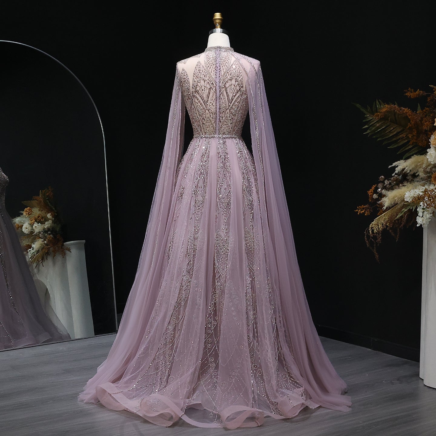 Luxury Pink Evening Dress with Cape Sleeves