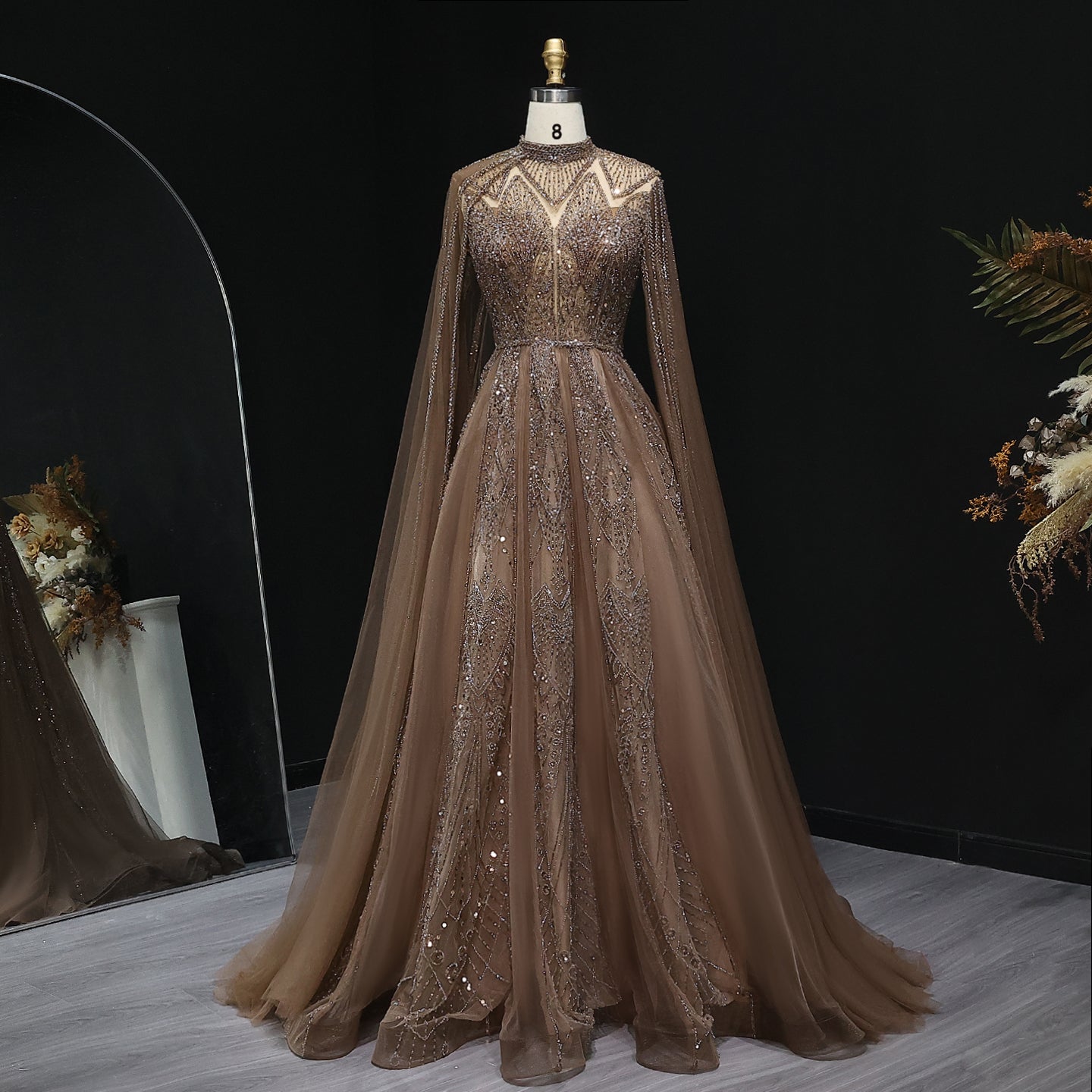 Luxury Pink Evening Dress with Cape Sleeves