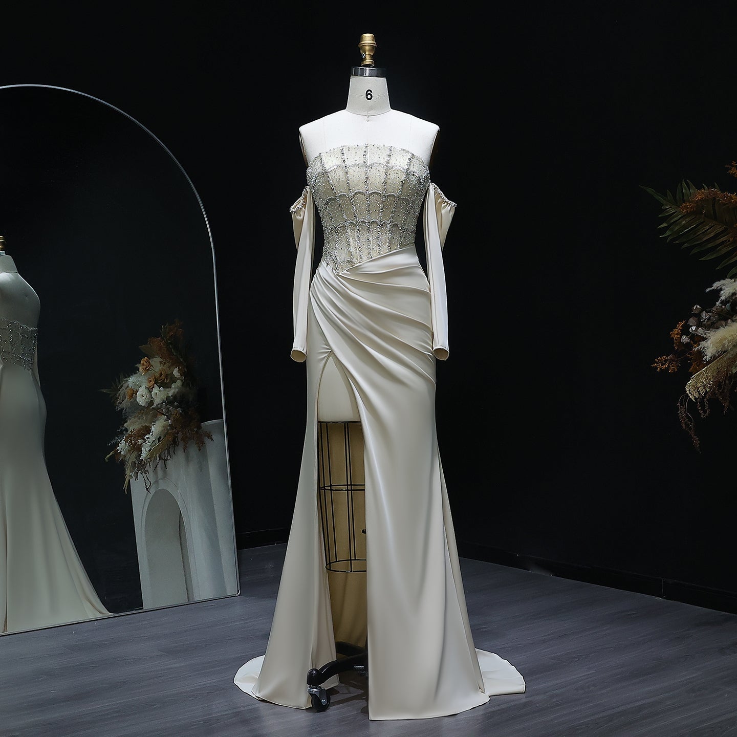 Luxury White Scalloped Evening Dress with High Slit
