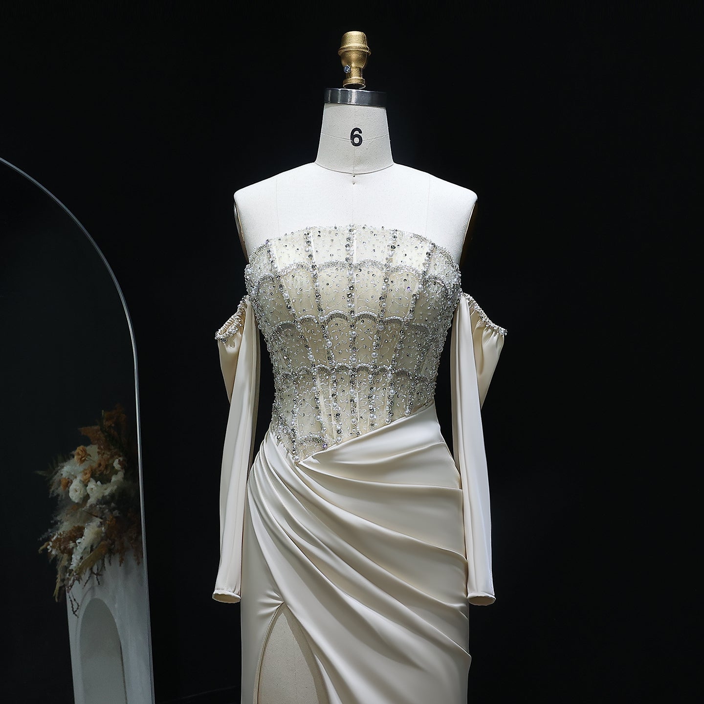 Luxury White Scalloped Evening Dress with High Slit