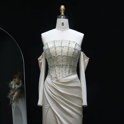 Luxury White Scalloped Evening Dress with High Slit