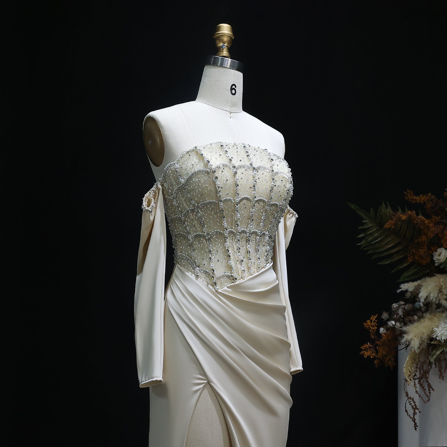 Luxury White Scalloped Evening Dress with High Slit
