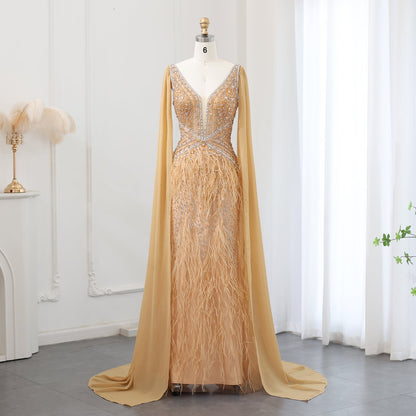 Luxury Feathers Blue Evening Dress with Cape Sleeves