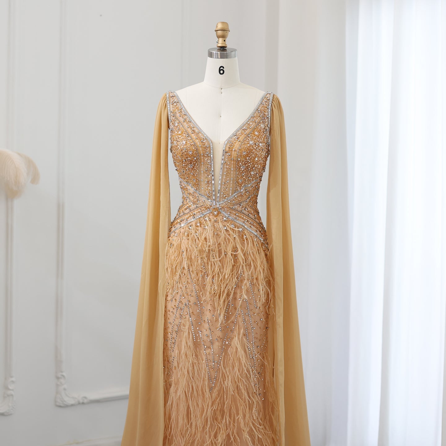 Luxury Feathers Blue Evening Dress with Cape Sleeves