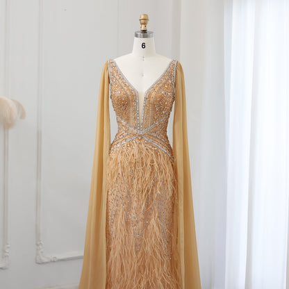 Luxury Feathers Blue Evening Dress with Cape Sleeves