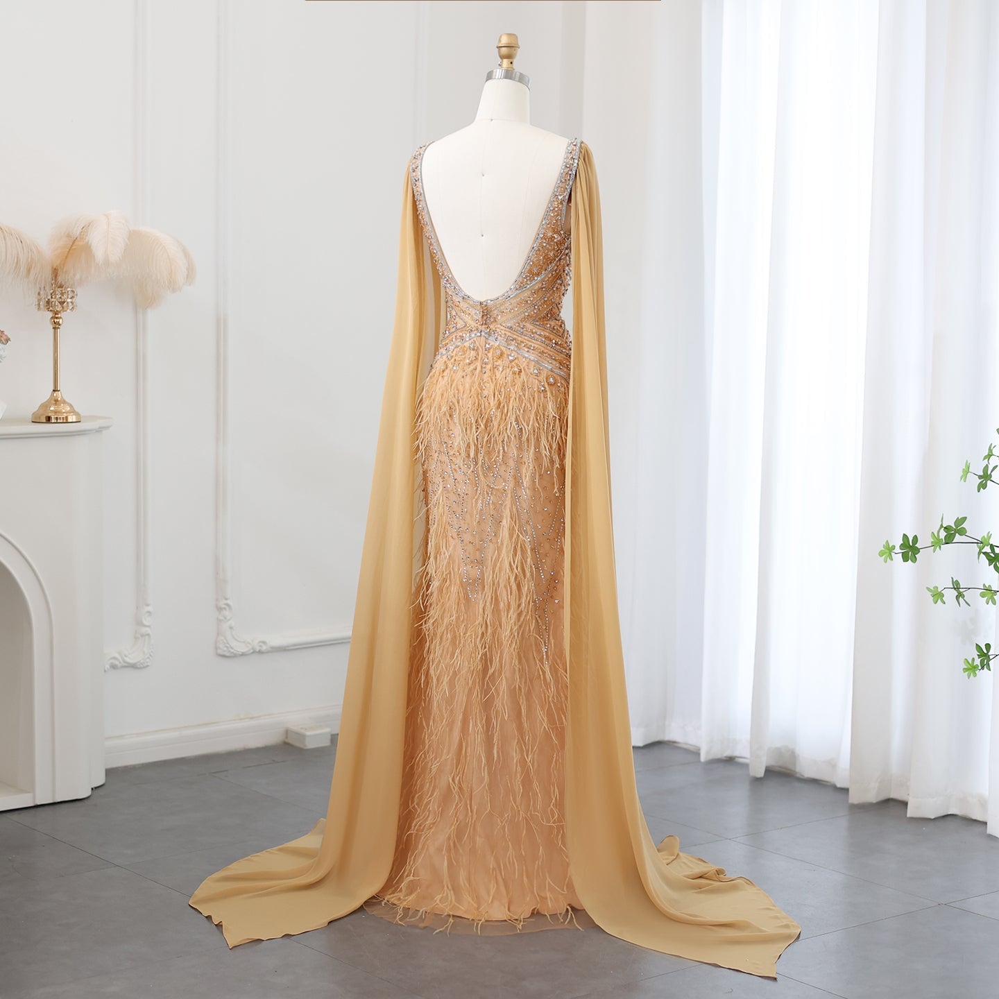 Luxury Feathers Blue Evening Dress with Cape Sleeves