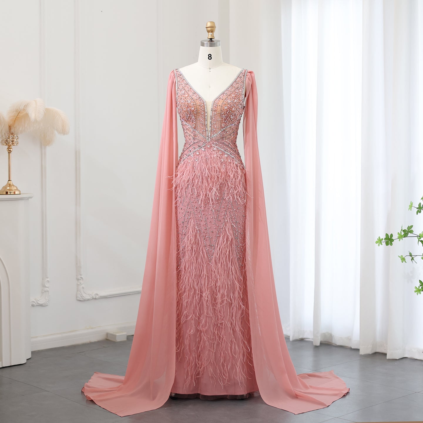 Luxury Feathers Blue Evening Dress with Cape Sleeves