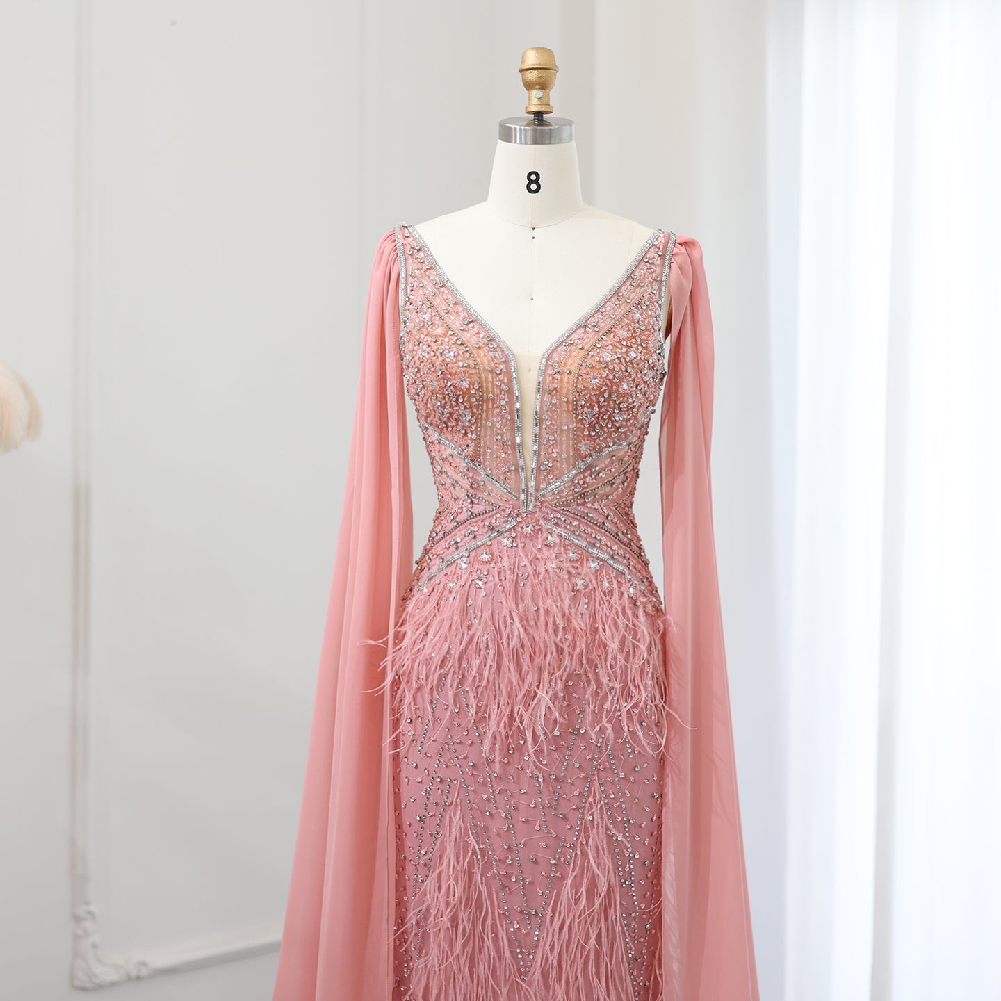 Luxury Feathers Blue Evening Dress with Cape Sleeves