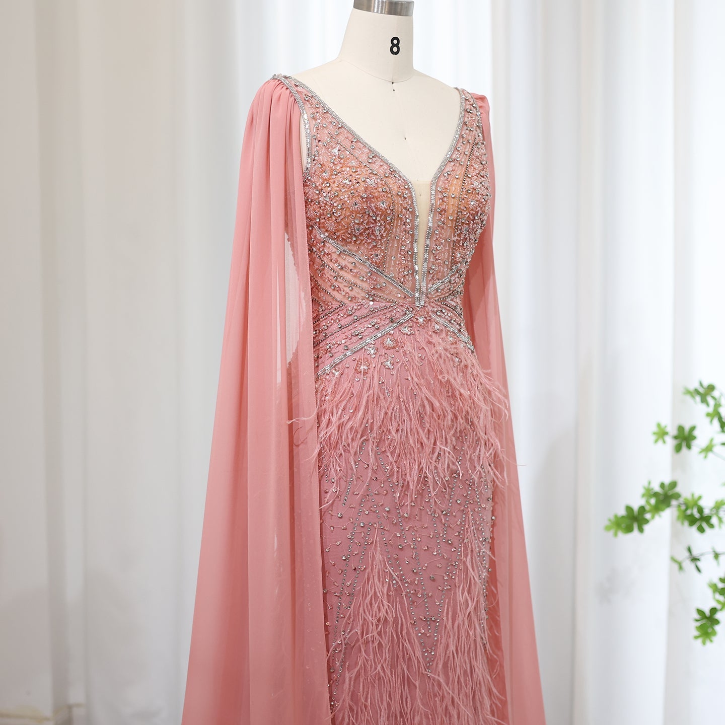 Luxury Feathers Blue Evening Dress with Cape Sleeves