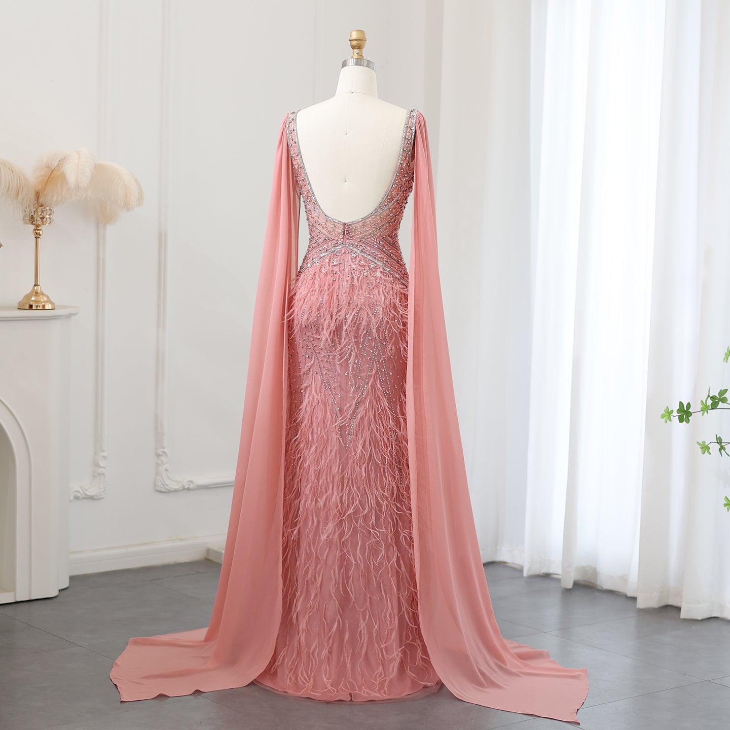 Luxury Feathers Blue Evening Dress with Cape Sleeves