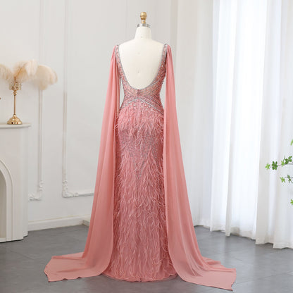 Luxury Feathers Blue Evening Dress with Cape Sleeves