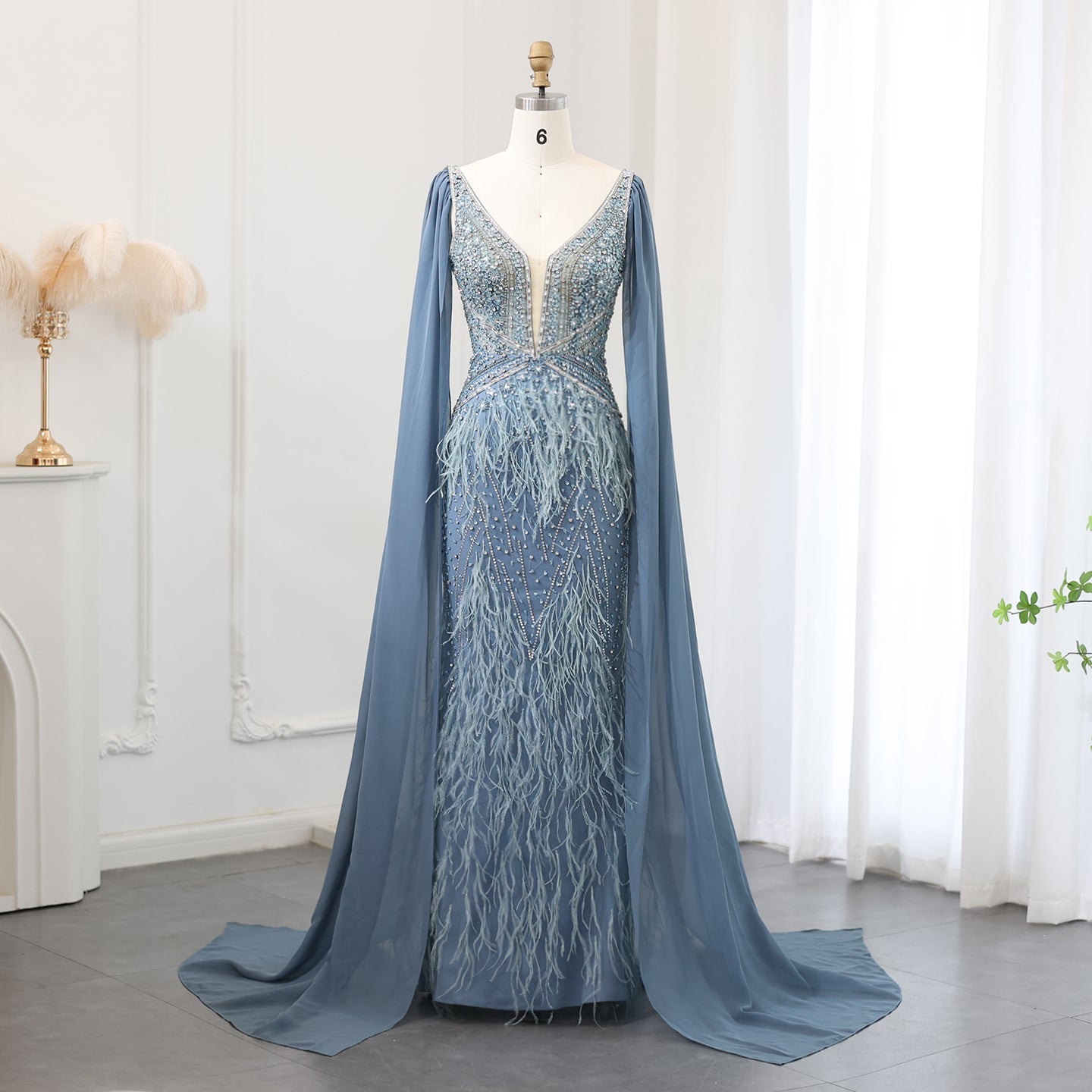 Luxury Feathers Blue Evening Dress with Cape Sleeves