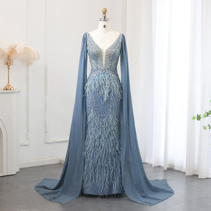 Luxury Feathers Blue Evening Dress with Cape Sleeves