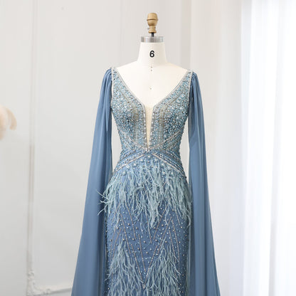 Luxury Feathers Blue Evening Dress with Cape Sleeves