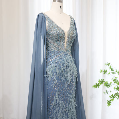 Luxury Feathers Blue Evening Dress with Cape Sleeves