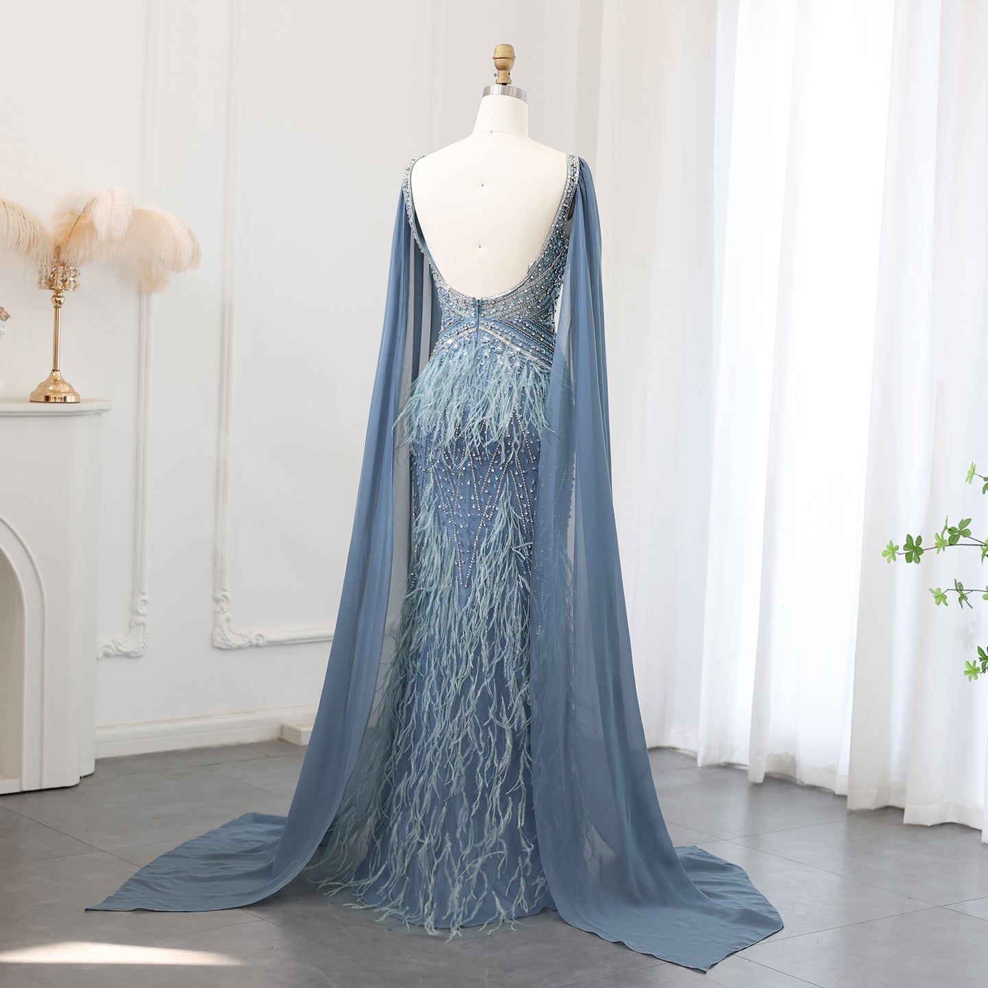 Luxury Feathers Blue Evening Dress with Cape Sleeves