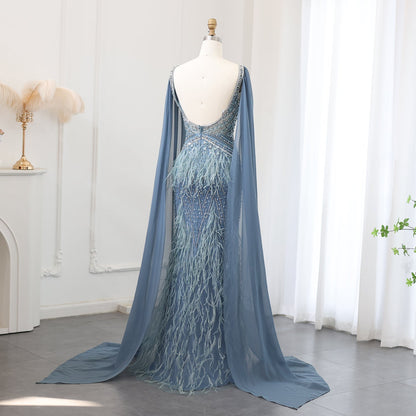 Luxury Feathers Blue Evening Dress with Cape Sleeves