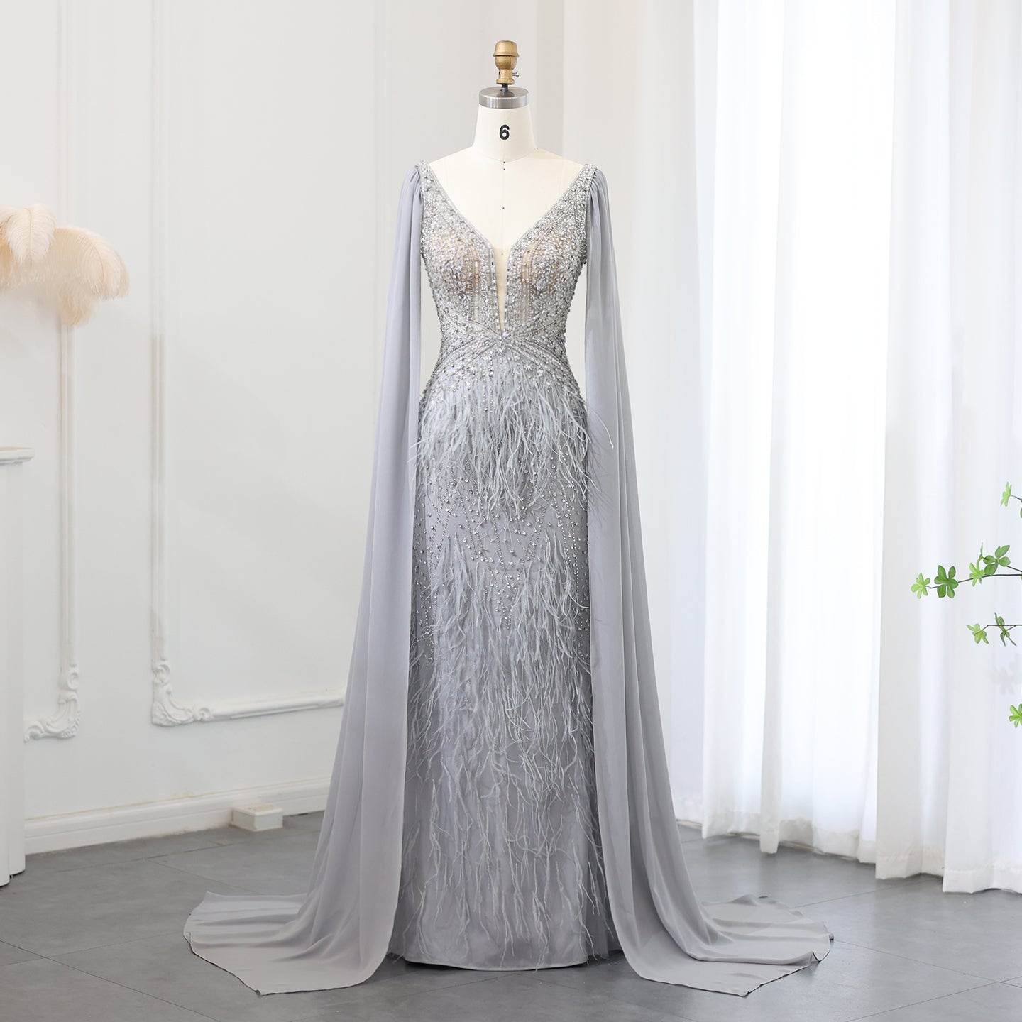 Luxury Feathers Blue Evening Dress with Cape Sleeves
