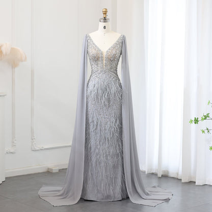 Luxury Feathers Blue Evening Dress with Cape Sleeves