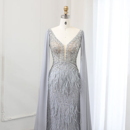 Luxury Feathers Blue Evening Dress with Cape Sleeves