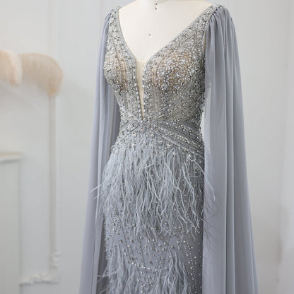 Luxury Feathers Blue Evening Dress with Cape Sleeves