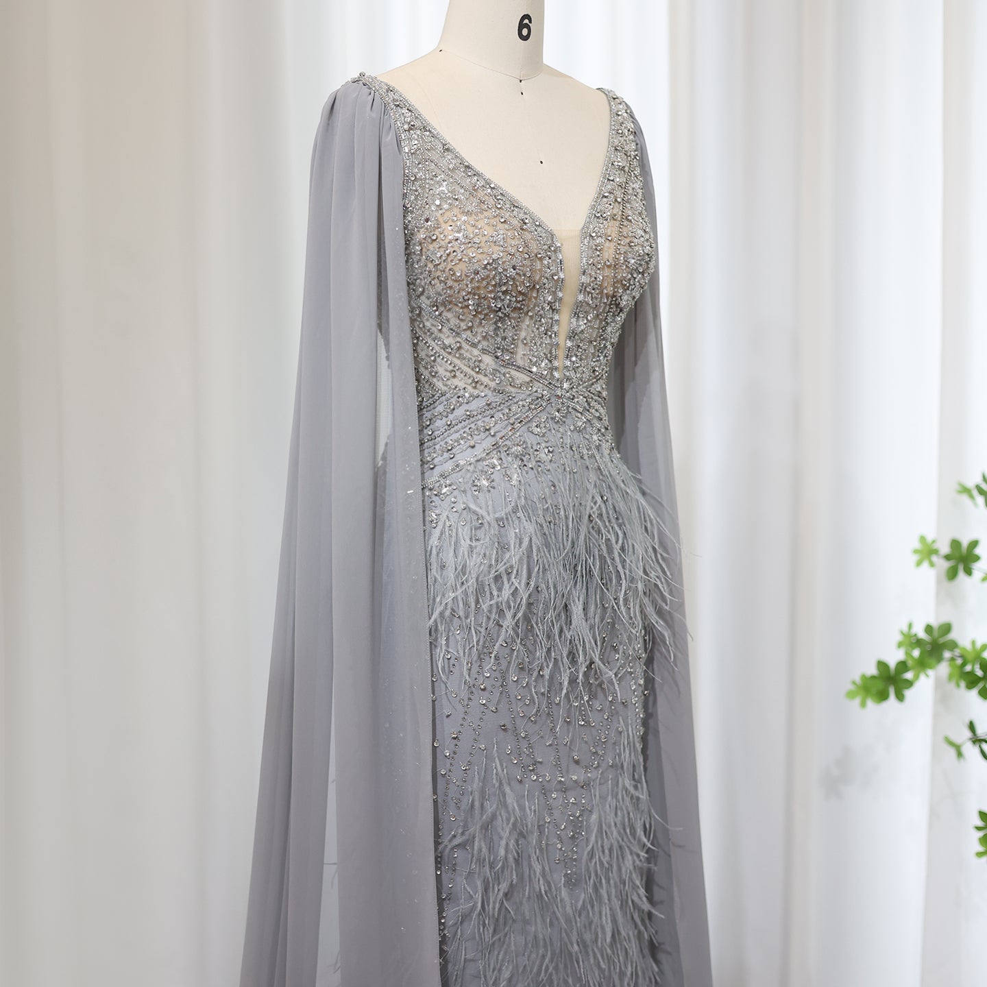 Luxury Feathers Blue Evening Dress with Cape Sleeves