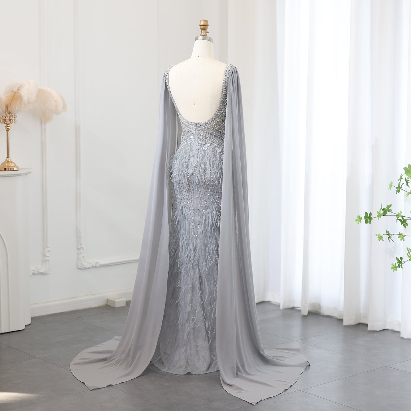 Luxury Feathers Blue Evening Dress with Cape Sleeves