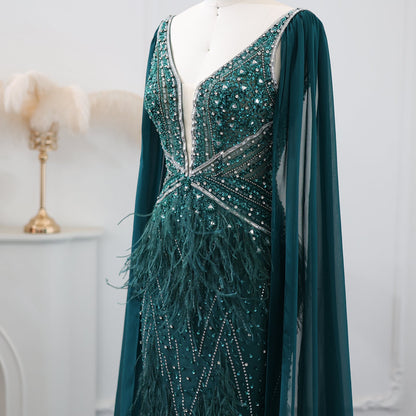 Luxury Feathers Blue Evening Dress with Cape Sleeves