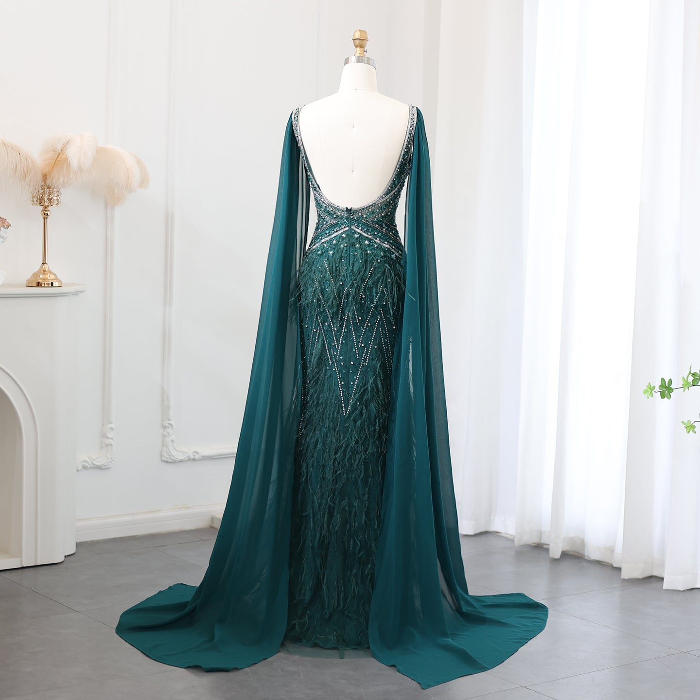 Luxury Feathers Blue Evening Dress with Cape Sleeves