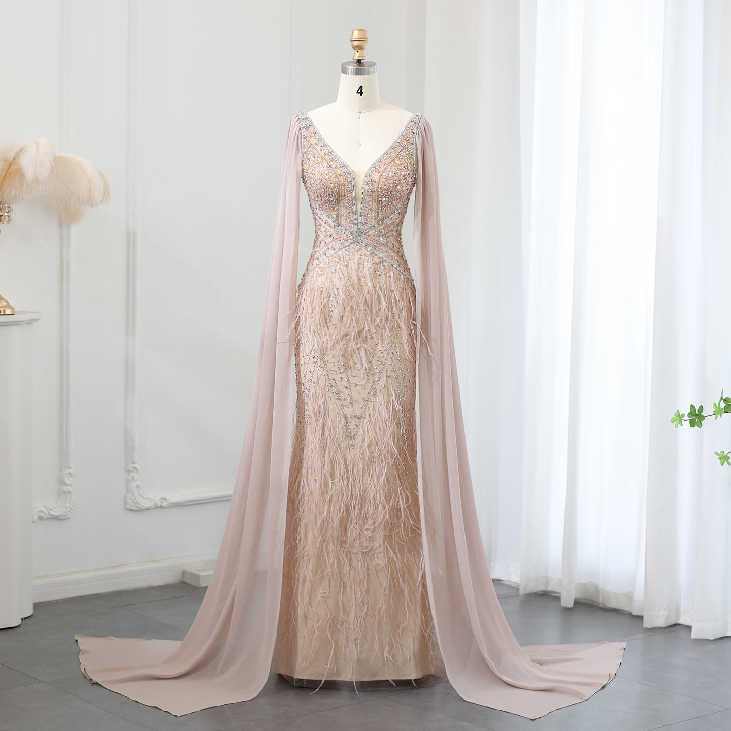 Luxury Feathers Blue Evening Dress with Cape Sleeves